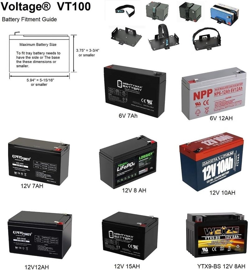 VOLTAGE صينية بطارية صغيرة لـ 12V 15AH، 12V 12AH، 12V 9AH، 12V 8AH، 12V 7AH، 12V 6AH، 6V 7AH، 6V 12AH، بطاريات YTX7B-BS، YTX9-BS، YTX14BS والمزيد. قاعدة بطارية مع حزام تثبيت VT-100 - Image 3